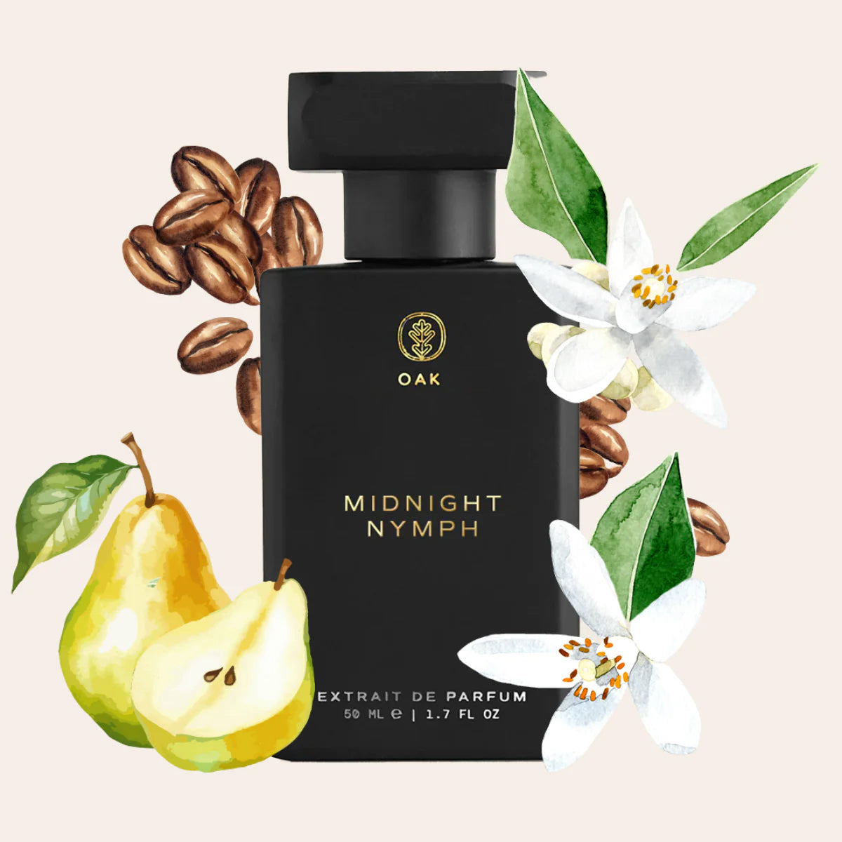 a bottle of midnight nymph next to some fruit and nuts