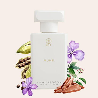 a bottle of perfume sitting next to a bunch of flowers